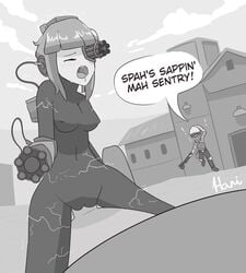 1boy 1girls 2d artist_request ass dominant_male electricity engineer engineer_(team_fortress_2) female machine mini_sentry robot robot_girl sentry sentry-chan sentry_(team_fortress_2) sentry_turret spy submissive_female team_fortress_2 text tf2 valve valve_(company) young