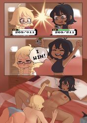 2girls abigail_lindstrom big_breasts blonde_hair chocolate_and_vanilla comic cunnilingus dark-skinned_female dark_skin female female_only flat_chested game_boy gardnerverse glasses hair_pull heart-shaped_pupils interracial jasmine_noir multiple_girls peachkuns playing_videogame twin_braids yuri