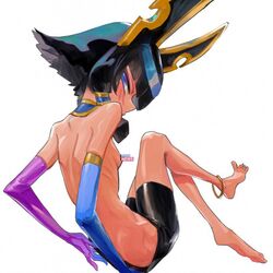 1girls anklet black_hair blue_eyes blunt_bangs blush bob_cut cygames dark_skin detached_sleeves dragalia_lost egyptian egyptian_headdress female_only gold hair_ornament jewelry looking_at_viewer looking_back nefaria nintendo petite shorts small_breasts spats tiara topless xufuge_(artist)