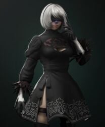 blindfold blue_nose blueberry_inflation dress gloves hairband nier:_automata raikovjaba stockings white_hair yorha_2b