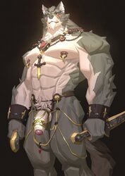 1boy 2018 abs accessory anthro balls ballsack bara belt biceps black_sclera body_fur canid canine cock_ring ear_piercing fluffy_tail foreskin furry genitals grey_fur highres holding_object holding_weapon humanoid_genitalia humanoid_penis intact jewelry male male_nipples male_only male_pubic_hair mammal masculine mature_male melee_weapon mostly_nude_male muscles muscular_anthro muscular_male necklace nessfwkain nipple_piercing nipple_rings partially_retracted_foreskin pecs penis penis_accessory penis_jewelry piercing scabbard scrotum semi-erect smooth_penis solo standing sword testicles uncut weapon white_countershading white_eyes