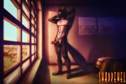 absurd_res anthro balls bed bedroom detailed_background erection felid feline furniture genitals hi_res humanoid_genitalia humanoid_penis lynx male male/male mammal morning morning_wood muscular penis pose solo solo_focus stare swadpewel