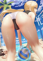 1boy 1girls ahoge artoria_pendragon artoria_pendragon_(swimsuit_archer) ass beach_volleyball bikini blonde_hair breasts cloud day expressionless eyebrows_visible_through_hair fate/grand_order fate_(series) female female_focus green_eyes hair_tie highres hollow_eyes looking_afar low_ponytail ocean open_mouth outdoors saber sand sky sweat swimsuit takehisa_tomoe v-shaped_eyebrows volleyball white_bikini