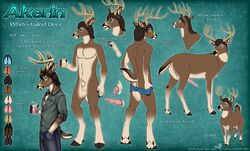 anthro ass balls blue_eyes brown_fur brown_hair cervid cervine clothed clothing cup deer feral fluffy fluffy_tail genitals hair holding holding_object horns linsey_huish model_sheet open_mouth open_smile penis sidian simple_background smile tail text two_tone_fur white_fur