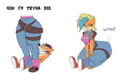 1boy 1girls 2020 anthro bandicoot beauty_mark belt big_ass big_breasts big_thighs black_nose blue_eyes clothed clothes clothing comedy crash_(series) crash_bandicoot crash_bandicoot_4:_it's_about_time dankodeadzone death_by_facesitting death_by_snoo_snoo english_text facesitting female highres how_i'm_tryna_die huge_ass jeans mammal marsupial multicolored_hair pants pirate_tawna simple_background tawna_bandicoot tawna_bandicoot_(crash_4) text thick_thighs thighs tight_jeans tight_pants torn_clothing torn_legwear video_games white_background wide_hips