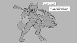 16:9 2020 5_fingers anthro breasts canid dialogue digitigrade english_text female fingers fur genitals grey_background hair holding_axe holding_object holding_weapon mammal monochrome nipples nude pussy simple_background smile solo standing text watsup weapon widescreen