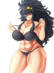 1girls abs bancho big_breasts bikini black_bikini black_bra black_hair black_hat black_panties black_underwear bra breasts busty cameltoe clenched_teeth clothing curvy daidouji_(senran_kagura) eyelashes female female_only fit fit_female fully_clothed hat highres huge_breasts large_breasts light-skinned_female light_skin lips long_hair looking_at_viewer mole mole_under_eye muscles muscular muscular_female navel panties red_eyes ripped_clothes ripped_clothing senran_kagura senran_kagura_(series) sexually_suggestive smile smiling solo standing teeth thick_thighs torn_clothes torn_clothing underwear venus_body voluptuous white_background wide_hips xiceowl