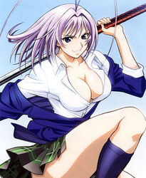 1girls antenna antenna_hair blue_eyes breasts busty cleavage dress_shirt female female_only footwear katana kneehighs large_breasts natsume_maya panties pantyshot plaid pleated_skirt purple_hair school_uniform serafuku shirt short_hair skirt socks solo sword tagme takada_haruhito tartan tenjou_tenge underwear weapon white_panties