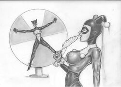 2girls batman_(series) big_breasts bodysuit bondage breasts catwoman dc dc_comics drawn erect_nipples_under_clothes female female_only femdom fred_sadek harley_quinn harley_quinn_(classic) high_heel_boots imminent_tickling lezdom monochrome nipple_bulge nipples open_bodysuit ralfieboy