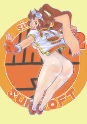 arina_makihara ass bottomless brown_eyes brown_hair fingerless_gloves gloves goggles latex makihara_arina no_panties orange_background rekka-uran see-through skin_tight sunsoft waku_waku waku_waku_7