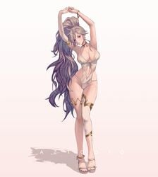 1girls armpits arms_above_head arms_up azto_dio belly cleavage fingerless_gloves fire_emblem fire_emblem:_genealogy_of_the_holy_war ishtar_(fire_emblem) large_breasts legwear long_hair navel one_glove purple_eyes shoes silver_hair swimsuit white_swimsuit