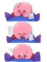 alien blue_skin blush closed_eyes crying cum cum_on_face cum_on_hand cum_on_penis cute fellatio gloves kirby kirby_(series) knight meta_knight nintendo open_mouth oral oral_sex penis pink_skin plain_background sex spread_legs spreading sweat text video_games waddling_head