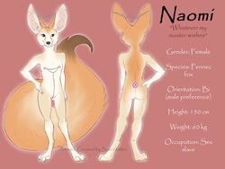 2015 anthro big_ears big_tail breasts canine chains claws clitoris clitoris_piercing ear_piercing female fennec flat_chested fox fur genital_piercing looking_at_viewer mammal naomi navel navel_piercing nipple_chain nipple_piercing nipples nude piercing plain_background pussy pussy_piercing reff_sheet slave smile solo spacekitten toe_claws