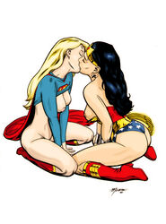 2000 2girls amazon ass black_hair blonde_hair boots breasts color colored dc dc_comics female female_only justice_league kissing lesbian_kiss long_hair multiple_girls nipples richard_moore supergirl superman_(series) tiara white_background wonder_woman wonder_woman_(series) yuri