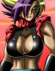 1girls 2014 abs alternate_version_available big_breasts big_breasts big_breasts breasts breasts breasts cleavage cowgirl_position deviantart dragon_ball dragon_ball_super dragon_ball_xenoverse dragon_ball_z earrings female female_focus female_on_top female_only fusion green_eyes hair_over_one_eye hypothetical_fusion lips lipstick metamoran_clothing oc original_character red_earrings saiyan serious shiny shiny_skin sseanboy23 super_saiyan tagme