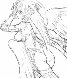 artist_request ass breasts claws digimon digimon_frontier female legs lowres monochrome monster_girl shutumon sketch solo wings zephyrmon