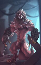 anthro balls flaccid glowing glowing_eyes humanoid_penis male male_only mammal marten muscular muscular_male mustelid no_pupils no_swift original_character pecs penis solo uncut were