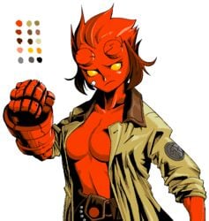 dark_horse female female_only hellboy hellboy_(series) hellgirl open_clothes open_shirt red_skin rule_63 shirt short_hair yoshihikari