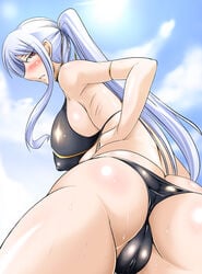 backboob bikini blush breasts erect_nipples female female_only from_behind huge_breasts kanten large_breasts long_hair ponytail red_eyes sega selvaria_bles silver_hair sweat swimsuit tied_hair valkyria_chronicles valkyria_chronicles_1