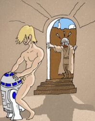 1robot 2boys animated blonde_hair caught_in_the_act clothed_male_nude_male droid erection jedi_master jedi_padawan luke_skywalker machine_sex male_only nude_male obi-wan_kenobi r2-d2 robot star_wars tagme tatooine thrusting_hips walk-in