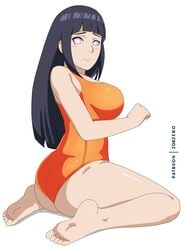 1girls alternate_breast_size ass barefoot big_breasts blind blush breasts dark_blue_hair dark_hair eye_contact feet female female_only foot_focus hime_cut hyuuga_hinata kneeling large_breasts long_hair looking_at_viewer looking_back naruto naruto_(series) naruto_shippuden on_knees one-piece_swimsuit orange_swimsuit patreon pose posing sideboob sidelocks simple_background sitting skin_tight soles solo solo_female solo_focus swimsuit text thick_thighs toes watermark white_background white_eyes wide_hips zorzero