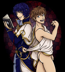 ass blue_hair book brown_hair edward_(fire_emblem) fire_emblem fire_emblem:_radiant_dawn gay male male_only nintendo pelleas_(fire_emblem) pulling_clothing smiling undressing