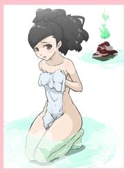 bare_shoulders bath black_hair blush breasts brown_eyes covering covering_breasts feet izuna_jinkuro jinkuro jinkurou kneeling momohime muramasa_the_demon_blade nude nude_cover onsen ponytail tied_hair towel water