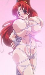 blush bondage breast_squeeze breasts bursting_breasts cap chiharu_shinonome curvy deep_skin eiken female huge_breasts large_breasts measuring_tape naked_ribbon red_eyes red_hair ribbon screencap skindentation solo tape_measure