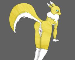 anthro ass bent_over canine digimon edit female fox fur furry green_eyes grey_background looking_back plain_background pussy renamon textured