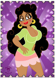 1girls bigtyme breasts brown_areola brown_eyes brown_hair brown_nipples cleavage dark-skinned_female dark_skin earrings el_tigre female freckles golden_earrings half-closed_eyes hands_on_hips hoop_earrings latina long_hair maria_rivera milf mother naked nickelodeon pink_skirt purple_background red_lips red_lipstick skirt tagme voluptuous