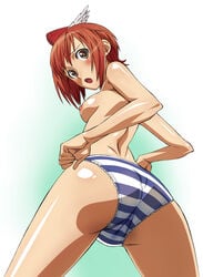 blush breasts brown_eyes female female_only from_below hat kanon_seena mokke panties payot red_hair seena_kanon sega shining_(series) shining_wind short_hair sideboob small_breasts striped striped_panties topless trefoil underwear underwear_only