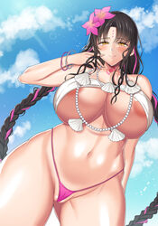 1girls between_labia big_breasts black_hair blush braided_hair curvy_figure fate/grand_order fate_(series) female flower flower_in_hair huge_thighs innie_pussy large_breasts micro_bikini sesshouin_kiara sesshouin_kiara_(swimsuit_mooncancer)_(fate) smile tanaken thick_thighs thighs thong two_tone_hair wide_hips yellow_eyes