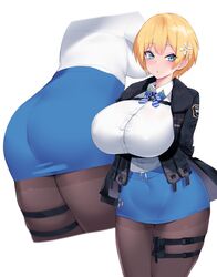 1girls ass ass_in_dress big_ass big_breasts blue_skirt breasts button_gap cleavage female female_only fully_clothed girls'_frontline kuavera large_breasts pencil_skirt skirt solo thick thick_thighs tight_skirt vsk-94_(girls_frontline)