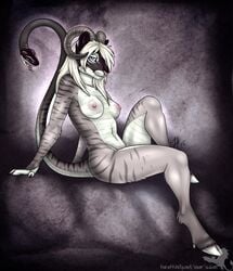 anthro blue_eyes breasts claws fangs feline female_only grey_fur horns linsey_huish nipples open_mouth sidian simple_background sitting smile snake solo tail tongue white_fur