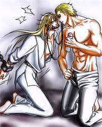 arms_behind_back blonde_hair bondage growling hokuto_no_ken leather_straps lube male male_only muzzle_(object) muzzled on_knees shin_(hokuto_no_ken) souther tied_up