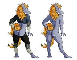 1male 2020 anthro armband armor backsack balls black_clothing black_legwear black_nose blonde_hair blue_balls blue_body blue_clothing blue_fur blue_topwear bottomwear breastplate canid canine canis claws clothing connivingrat fangs female finger_claws fur genitals grey_armband grey_balls grey_body grey_fur grey_legband grin hair hand_on_hip hunter_x_hunter legband legwear long_hair male male_only mammal midriff multiple_poses pose rear_view simple_background smile solo solo_male spiked_armband spiked_legband spikes standing toe_claws topwear undressing welfin_(hunter_x_hunter) white_background white_bottomwear white_claws white_clothing wolf yellow_body yellow_fur