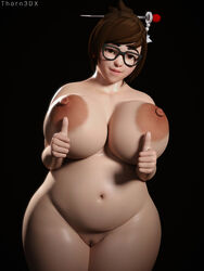 3d 3d_(artwork) breast_hold breasts brown_hair chubby chubby_female glasses huge_breasts looking_at_viewer mei_(overwatch) overwatch plump pussy standing thorn3dx wide_hips