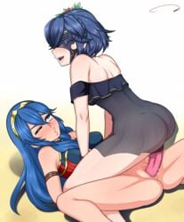 2girls aldharoku ass bare_legs big_ass big_breasts blue_eyes blue_hair blush censored dildo double_dildo eyes_rolling_back female_only fire_emblem fire_emblem_awakening fire_emblem_cipher fire_emblem_heroes large_ass lips long_hair lucina_(fire_emblem) lucina_(summer)_(fire_emblem) marth_(fire_emblem_awakening) mask nintendo on_back one_eye_closed pussy pussy_juice see-through selfcest sex_toy short_hair spread_legs swimsuit vaginal_penetration wince yuri