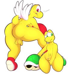 2020 2020s alpha_channel anthro anus ass balls barely_visible_anus belly blush clothing covering covering_crotch duo footwear footwear_only front_view genitals green_eyes hand_on_penis hi_res humanoid_genitalia humanoid_penis kneeling koopa_troopa lightningfire12 looking_at_viewer looking_away looking_back male male_only mario_(series) mostly_nude navel nintendo nude paratroopa penis rear_view red_eyes scalie shell shell-less shoes shoes_only shy simple_background small_balls small_penis small_tail thick_thighs transparent_background uncut video_games wings