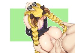 1boy 1girls absurdres anal anus ass back blonde_hair bottomless brown_eyes clothed_female_nude_male cum cum_in_anus cum_in_ass cum_inside demon_girl demon_horns doggy_style enenra fairy_tail female female_focus glasses hair_ornament high_resolution highres horns looking_at_another looking_over_eyewear looking_over_glasses looking_up lucy_heartfilia male naughty_face no_panties penetration penis smile succubus sunglasses tied_hair tinted_eyewear twintails uncensored