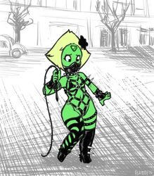 bdsm collar cosplay crossover female female_only gem gem_(species) green_skin hair_ornament hatebit heels looking_down mask one-punch_man peridot_(steven_universe) revealing spikes steven_universe thighhighs whip yellow_hair