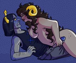 1boy 1girls aradia_megido black_hair blue_background blue_hair blush breasts clothed_male_nude_female clothing equius_zahhak grey_skin hand_on_penis handjob homestuck horns long_hair ms_paint_adventures naughtyvixens nude penis precum red_lips straight sweat troll yellow_eyes yellow_nails