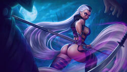 1girls 2d ass aura back_view big_breasts clothed dat_ass female female_only garter_straps glowing_eyes heroharborx highres holding_object long_hair looking_at_viewer looking_back mature milf moon mortal_kombat mortal_kombat_11 netherrealm_studios night oiuuart outdoors partial_male side_boob sindel solo solo_focus spear sword thighhighs two_tone_hair very_long_hair weapon white_hair