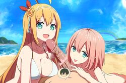 1boy 2girls ahoge aqua_eyes bangs beach blush braid breasts censored cleavage collaborative_fellatio fellatio ffm_threesome group_sex hair_between_eyes hair_ornament hair_ribbon heart highres large_breasts long_hair looking_at_viewer multiple_fellatio multiple_girls open_mouth oral orange_hair outdoors pecorine penis pink_hair pov pretty03_k2 princess_connect! princess_connect!_re:dive rainbow red_ribbon ribbon short_hair smile straight sweat teamwork threesome tongue tongue_out very_long_hair yui_(princess_connect!)