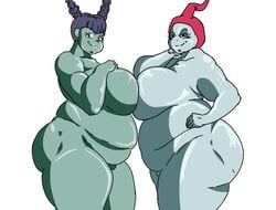 2girls big_ass big_breasts big_butt blue_skin dragon_ball dragon_ball_super fat_ass fat_butt fat_woman female_only green_skin hug huge_ass huge_breasts izero2204 monna naked nude nude_female obese ribrianne