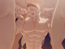 5boys abs aqua_eyes bara baseball_cap bidbrock blonde_hair cock_hungry cum_hungry dual_handjob erect_nipples fatal_fury gangbang gay handjob head_out_of_frame king_of_fighters long_hair male male_only muscular_male nude orgy partially_retracted_foreskin pecs penis_on_shoulder penis_size_difference ponytail snk terry_bogard tied_hair tongue_out yaoi