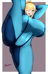 1girls alternate_breast_size ayamahi big_breasts blonde_hair blue_eyes breasts_bigger_than_head eye_contact female female_protagonist huge_breasts huge_thighs large_breasts leg_up long_hair looking_at_viewer metroid nintendo pale-skinned_female pale_skin ponytail samus_aran thick_thighs wide_hips zero_suit zero_suit_samus