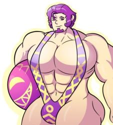 abs bara beach_ball big_pecs buff bulge digital_media_(artwork) dnd draco_von_merrick draconicprince_(artist) facial_hair huge_pecs male male_only mankini muscles muscular muscular_male nervous oc pecs purple_bikini purple_clothing purple_eyes purple_hair race_swap sling_bikini solo solo_male soul_patch white_skin