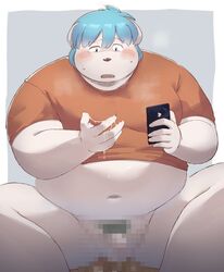 2020 anthro belly blush bodily_fluids canid canine canis censored clothing cum cum_on_hand domestic_dog genital_fluids hi_res kemono male male_only mammal masturbation overweight overweight_anthro overweight_male phone shirt sitting solo sv_grart topwear