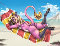 anthro ass beak bird black_fur blonde_hair breasts claws detailed_background female female_only flamingo green_eyes hair linsey_huish multicolored_fur pink_fur sidian solo white_fur yellow_hair